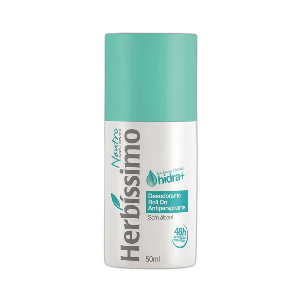 Desodorante Roll-On Herbíssimo Neutro 50ml com frasco branco e tampa azul clara
